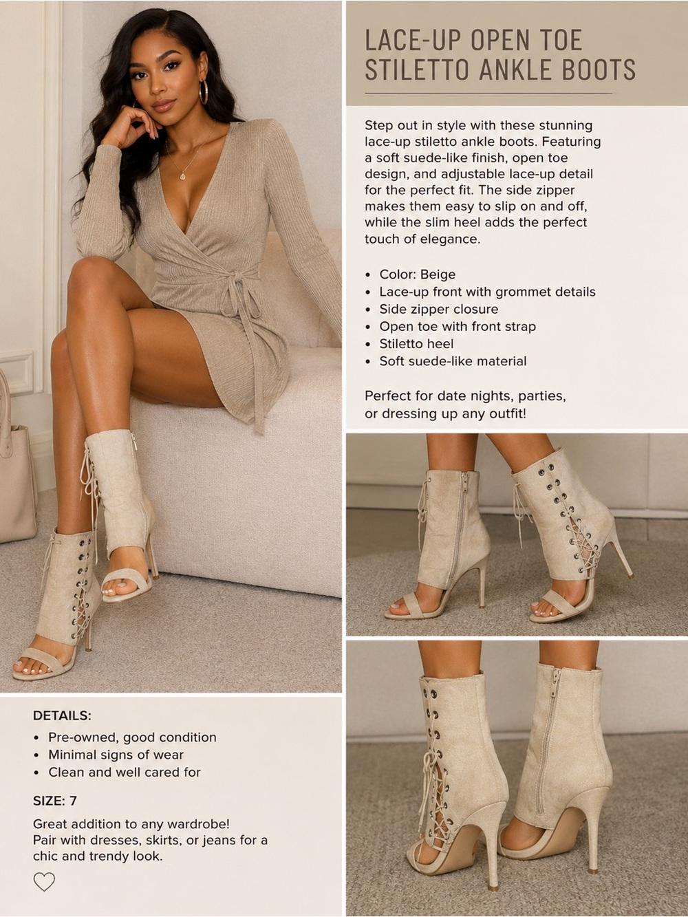 Lace-Up Open Toe Stiletto Ankle Boots - Beige